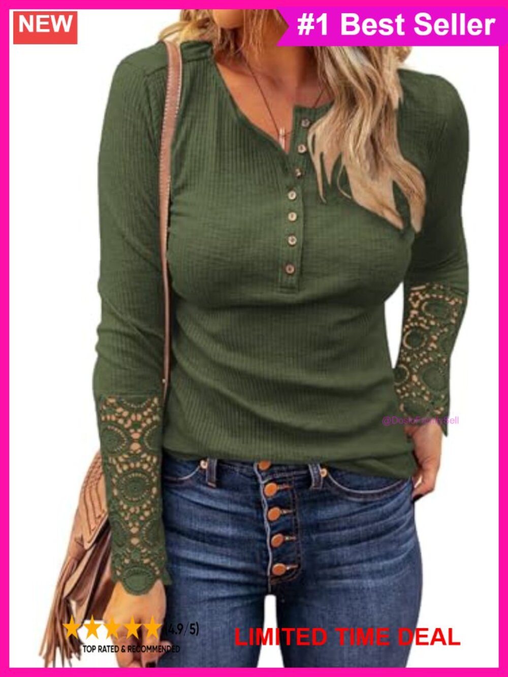 Lace Long Sleeve Ribbed Henley Slim Fit Top